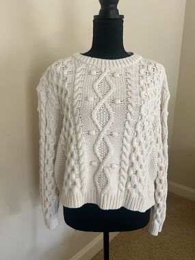 Zara Ivory Cottagecore Cotton Blend Chunky Cable Knit Braided Sweater Size Small
